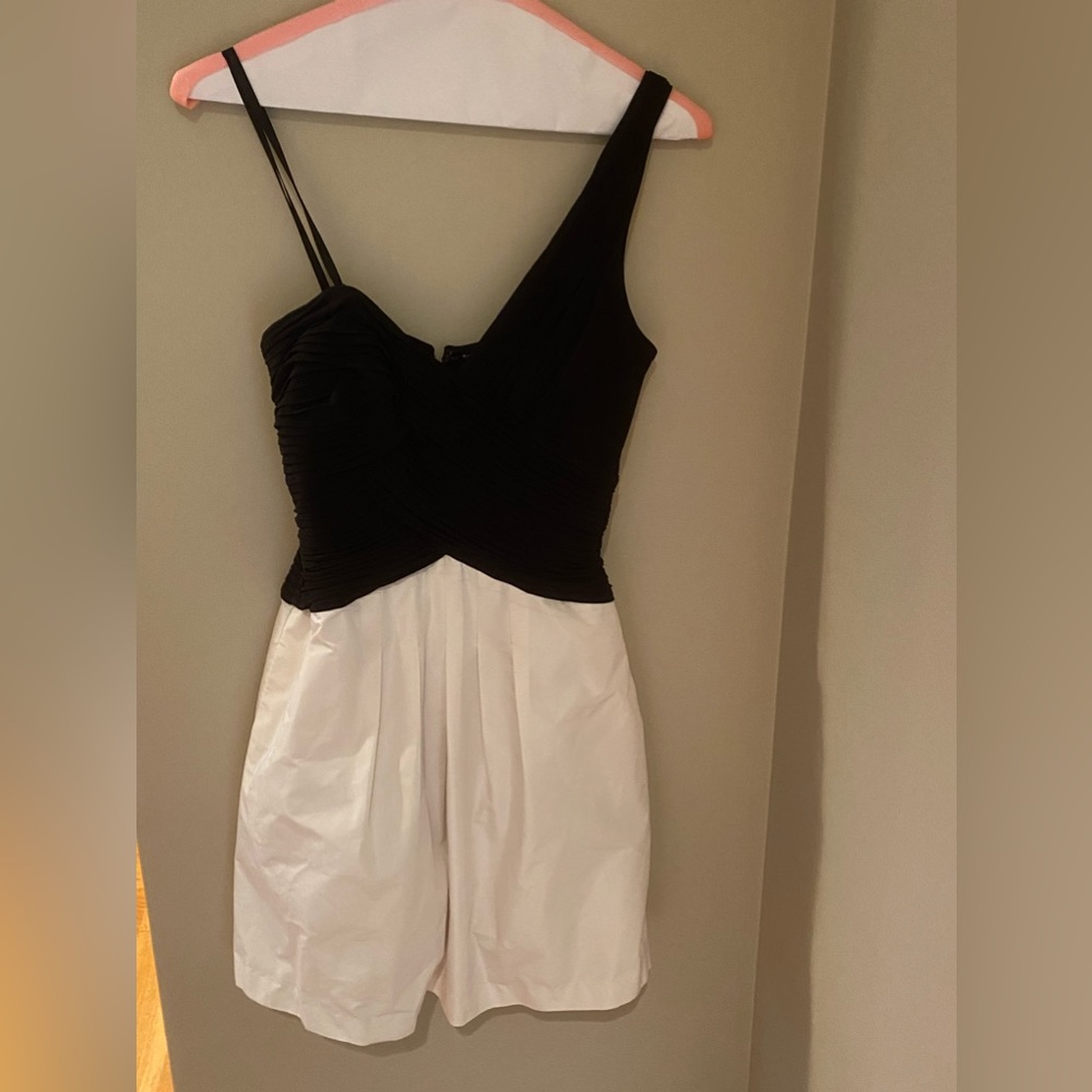 BCBG mini black and white dress, one shoulder size 2